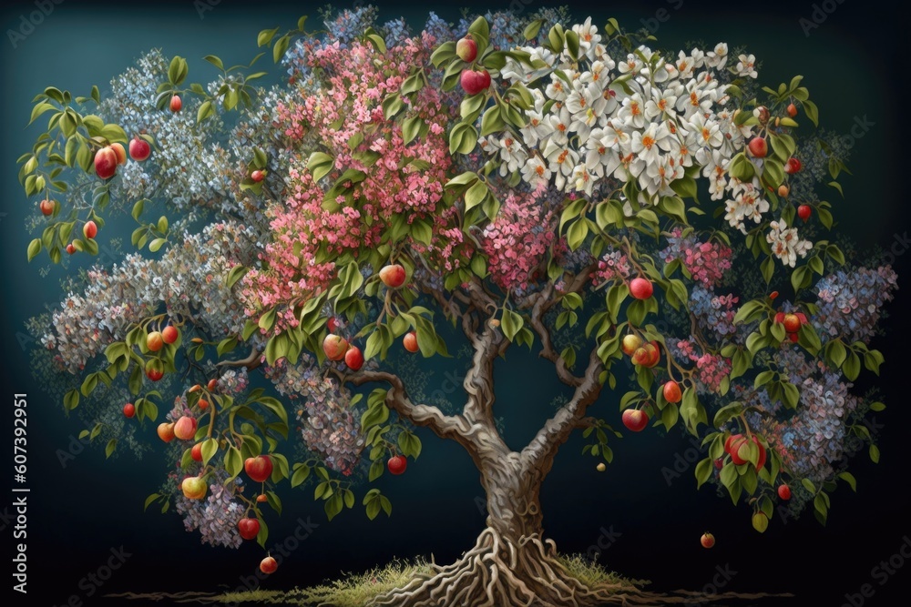 tree filled with blooming flowers and fruits, created with generative ai Stock Illustration