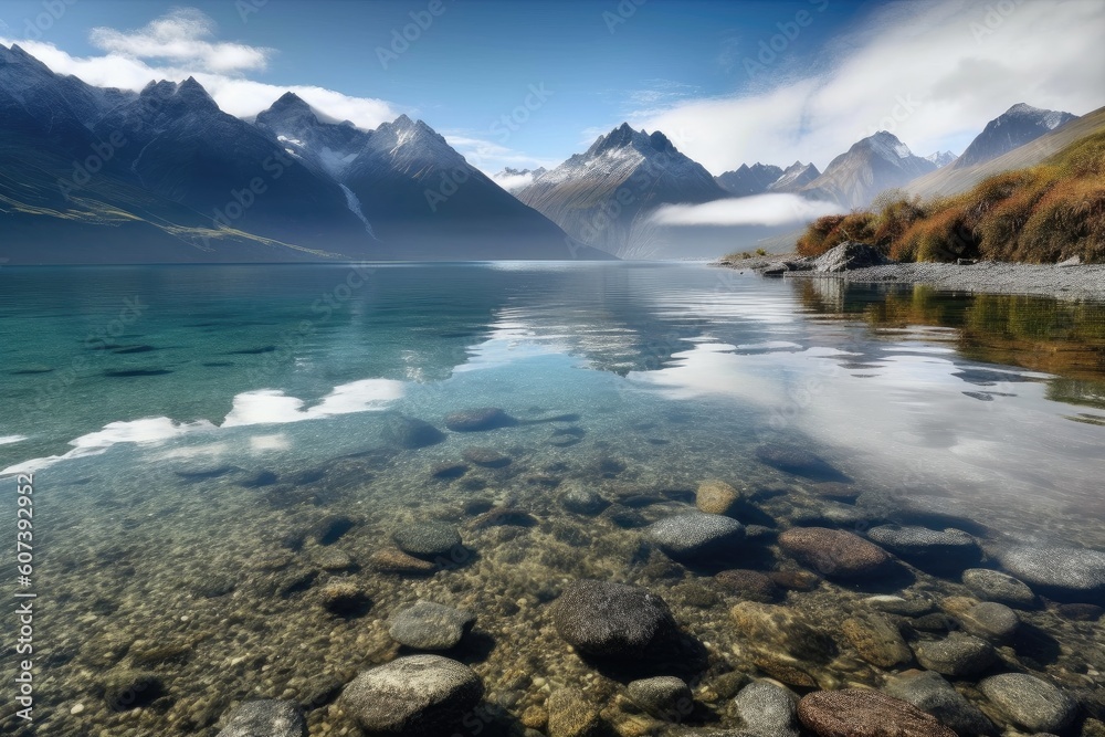 crystal-clear lake with view of the towering mountains, their peaks shrouded in mist, created with generative ai