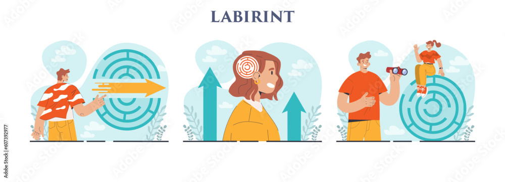 Labyrinth concept set. Decision-making or problem solving. Character