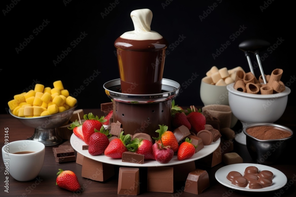 chocolate fountain with choice of fruit, marshmallows and other dippings for fondue dipping, created with generative ai