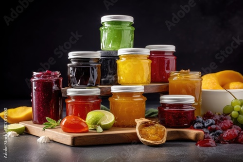 stack of homemade preserves in variety of flavors and colors, created with generative ai