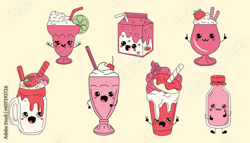 Set of Cute happy funny milkshakes with kawaii eyes . Vector illustration isolated. 