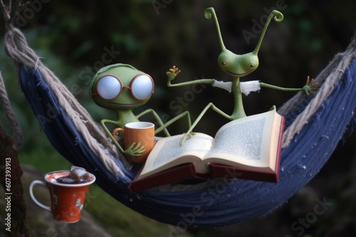 alien, sitting in hammock, with book and cup of tea, created with generative ai
