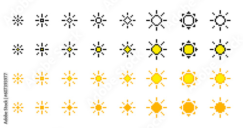 pixel icon sun, brightness icon sheet, 8 bit isolated pixelated png photo