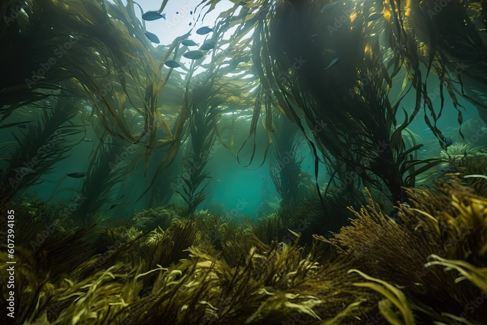 Obraz premium close-up of kelp forest with schools of fish swimming among the fronds, created with generative ai