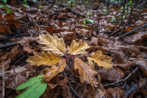 close-up of crunchy leaf and twig forest floor, created with generative ai