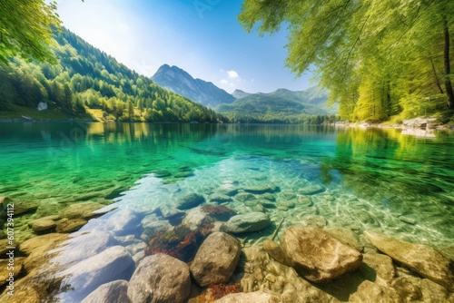 crystal clear lake, with view of the surrounding landscape, in mountain setting, created with generative ai