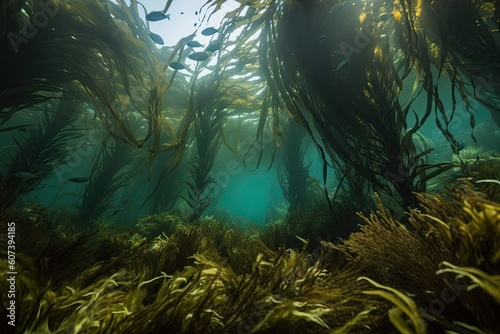 close-up of kelp forest with schools of fish swimming among the fronds  created with generative ai