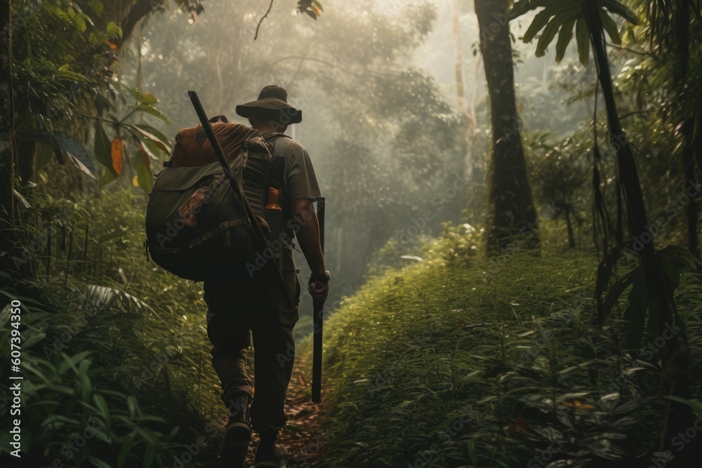 adventure traveler making their way through dense jungle, with backpack on their back and machete in hand, created with generative ai - obrazy, fototapety, plakaty 