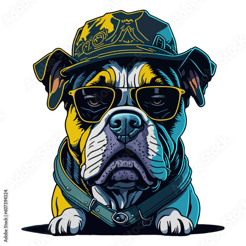 vector illustration of a bull dog dressed in hipster style, with hat, cap, wearing sun glasses. English dog. for T-shirt design, tattoo, poster, sticker
