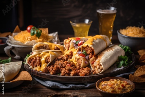 burrito and nachos platter with sizzling fajita meat, spicy salsa, and melted cheese, created with generative ai