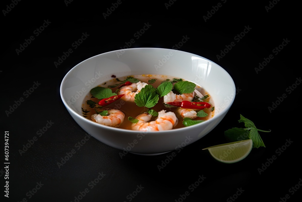 a minimalistic bowl of tom yam soup with fresh herbs, shrimp, and lime, created with generative ai a minimalistic bowl of tom yam soup with fresh herbs, shrimp, and lime, created with generative ai