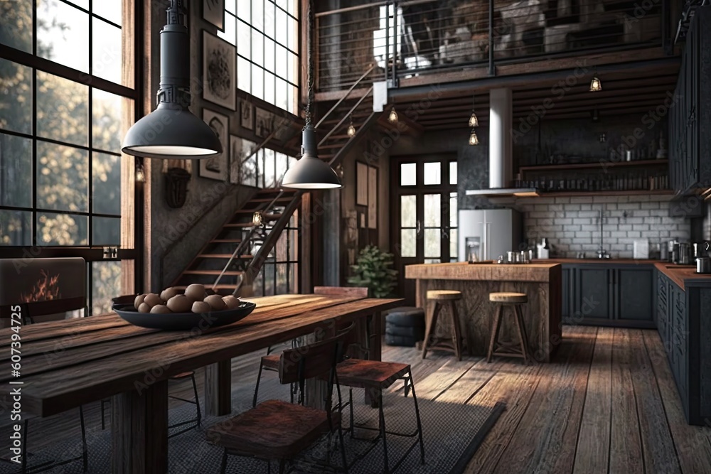 industrial home with minimalist and rustic design, featuring wooden furniture and metal accents, created with generative ai