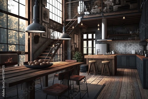 industrial home with minimalist and rustic design, featuring wooden furniture and metal accents, created with generative ai © altitudevisual