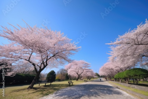 clear blue sky and cherry blossom bloom in park  created with generative ai