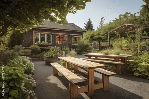 outdoor bistro serving up farm-to-table fare in tranquil garden setting, created with generative ai