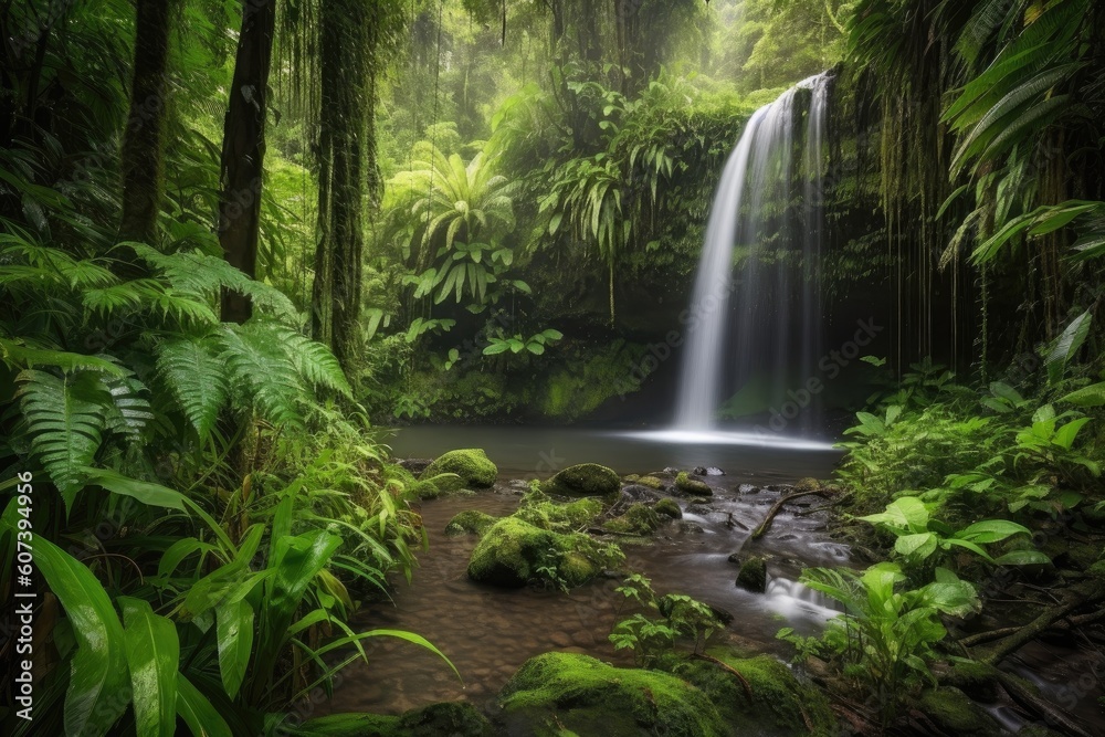 majestic waterfall cascading over lush jungle landscape, created with generative ai majestic waterfall cascading over lush jungle landscape, created with generative ai