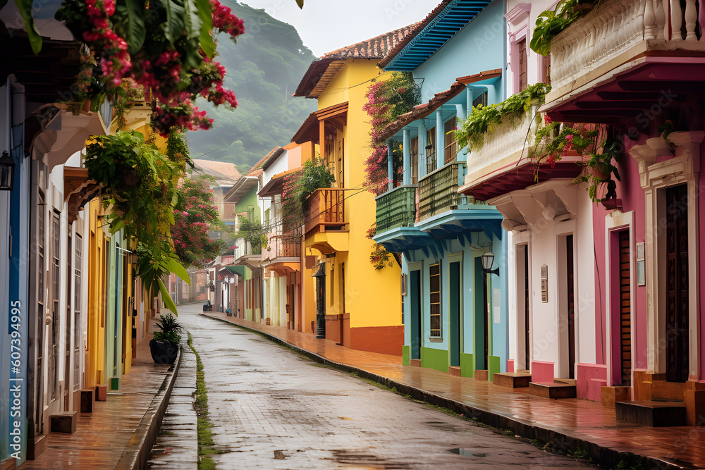 Architecture of South America's colonial towns, with their charming cobblestone streets, ornate balconies, and traditional tile roofs, unique blend of European influences, Generated AI