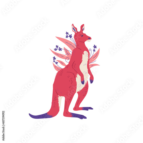Cute hand drawn kangaroo with plants and flowers  flat vector illustration isolated on white background.