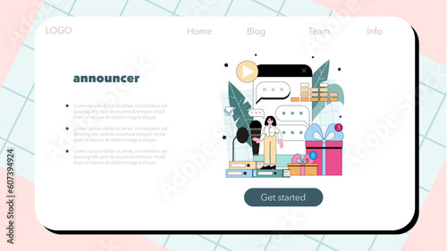 Speaker web banner or landing page. Voice actor dubbing a movie