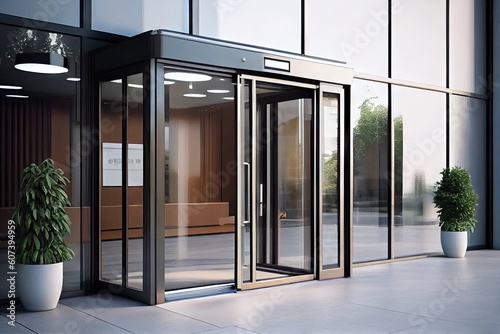 office or hotel entrance with automatic sliding doors, for convenience and ease of access, created with generative ai photo