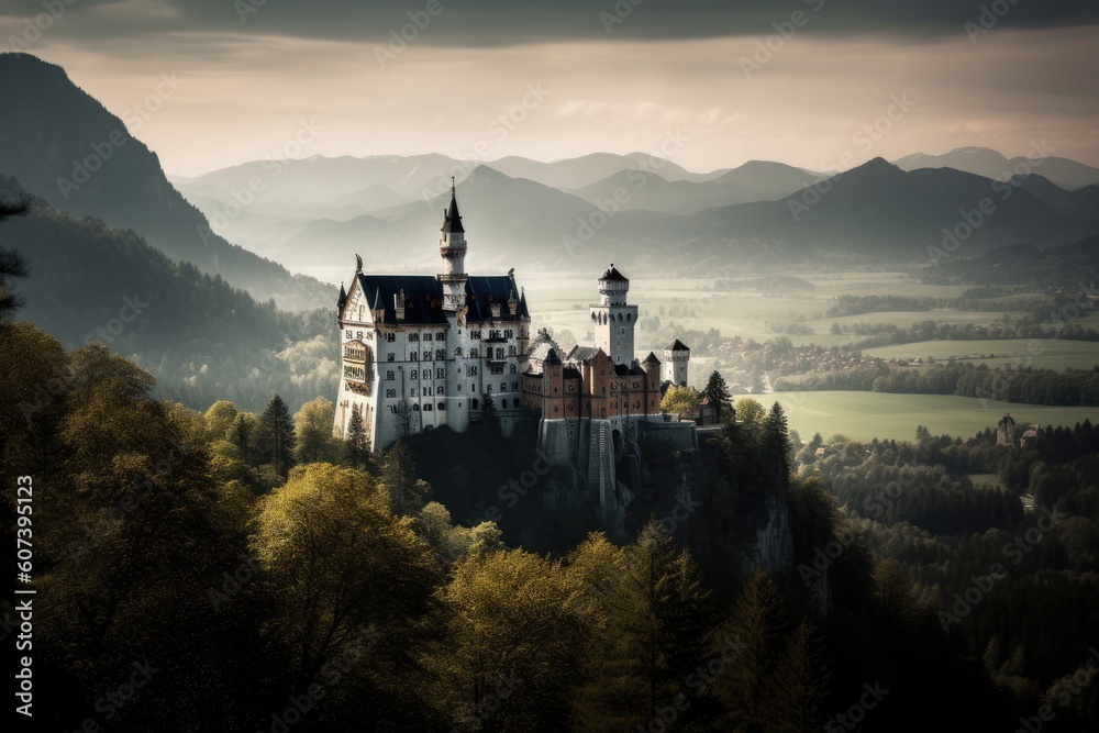 Fototapeta premium German Castle in Schwangau Germany Scenic Landscape Wallpaper, International European Travel, Generative AI