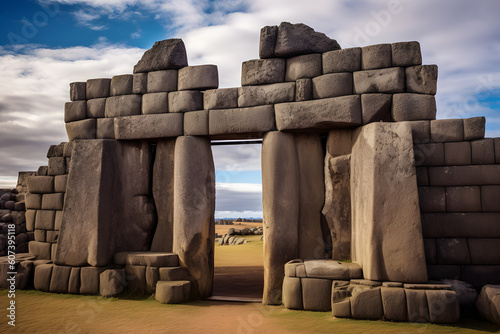 architectural wonders of South America's ancient civilizations, such as the magnificent ruins of Machu Picchu, the enigmatic Nazca Lines, and the impressive stone structures of Tiwanaku, Generated AI photo