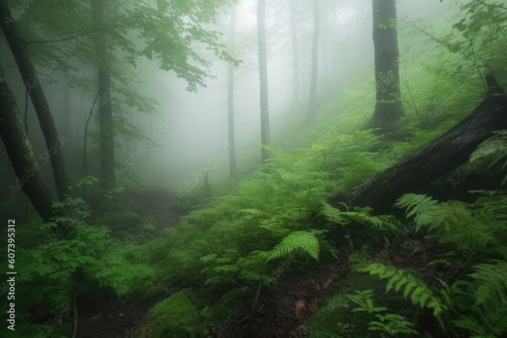 lush green forest shrouded in misty morning fog, created with generative ai lush green forest shrouded in misty morning fog, created with generative ai
