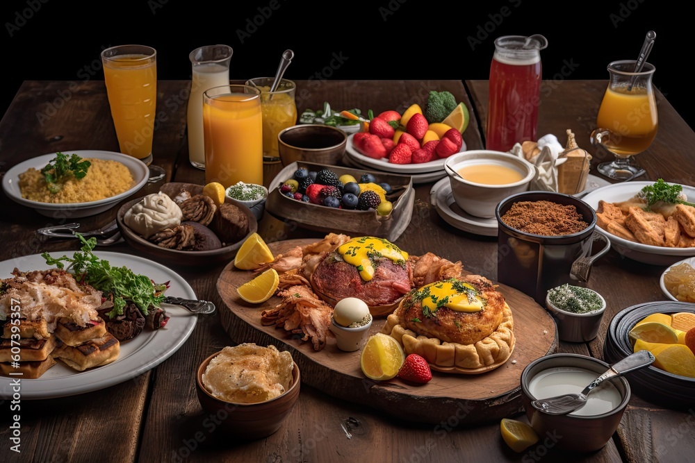 brunch feast, with endless options of pancakes, waffles, and eggs benedict, created with generative ai brunch feast, with endless options of pancakes, waffles, and eggs benedict, created with generative ai