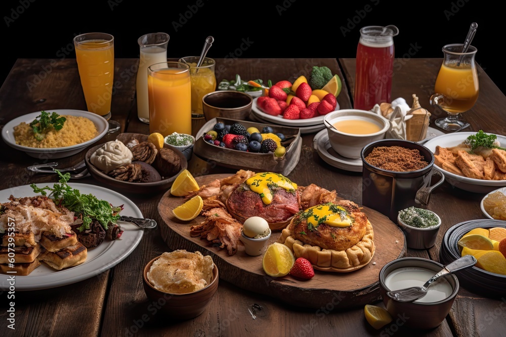 brunch feast, with endless options of pancakes, waffles, and eggs benedict, created with generative ai