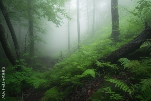 lush green forest shrouded in misty morning fog, created with generative ai © altitudevisual