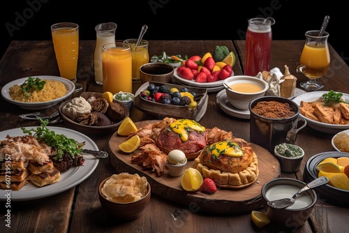brunch feast  with endless options of pancakes  waffles  and eggs benedict  created with generative ai