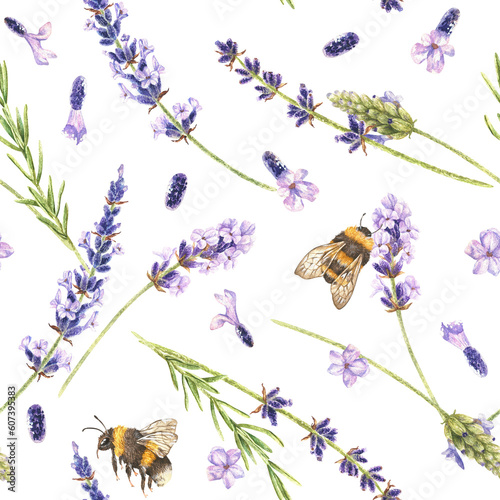 Watercolor botanical illustration. Seamless pattern of purple lavender wild flowers and bumblebees. Fragrant field herb. Hand drawn on a white background.For wrapping paper, fabrics for home textiles