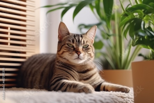 Cute cat lying on soft mat at home, many plants and soft light. AI Generated