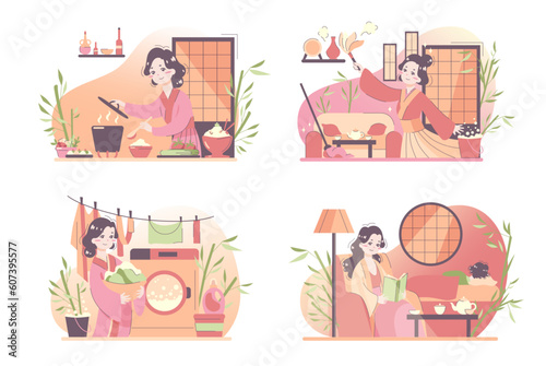 Daily routine of an asian woman set. Japanese housewife chores