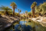 desert oasis with palm trees and clear blue skies, created with generative ai