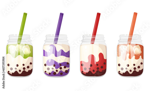 Popular asian soft drink bubble tea in a glass bottle with straw. Boba tea cartoon style illustration. © Katerina