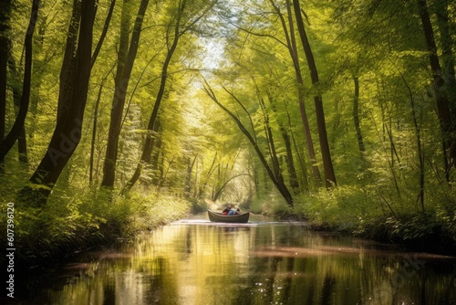 canoeing through a serene forest, with birdsong and sunlight filtering through the trees, created with generative ai