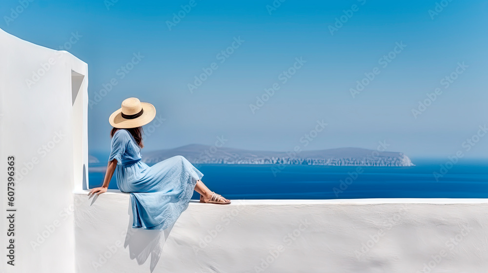 Fototapeta premium A tourist woman in a summer dress sits on a white wall in front of the blue sea. Generative AI