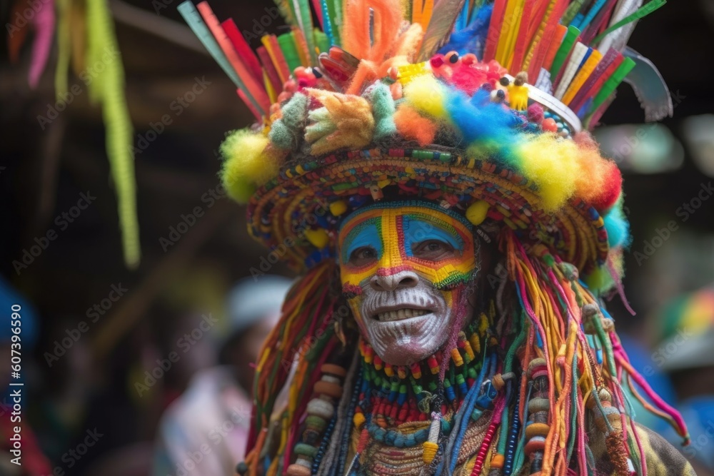 close-up of alien with colorful headdress, dancing and singing during festival, created with generative ai close-up of alien with colorful headdress, dancing and singing during festival, created with generative ai