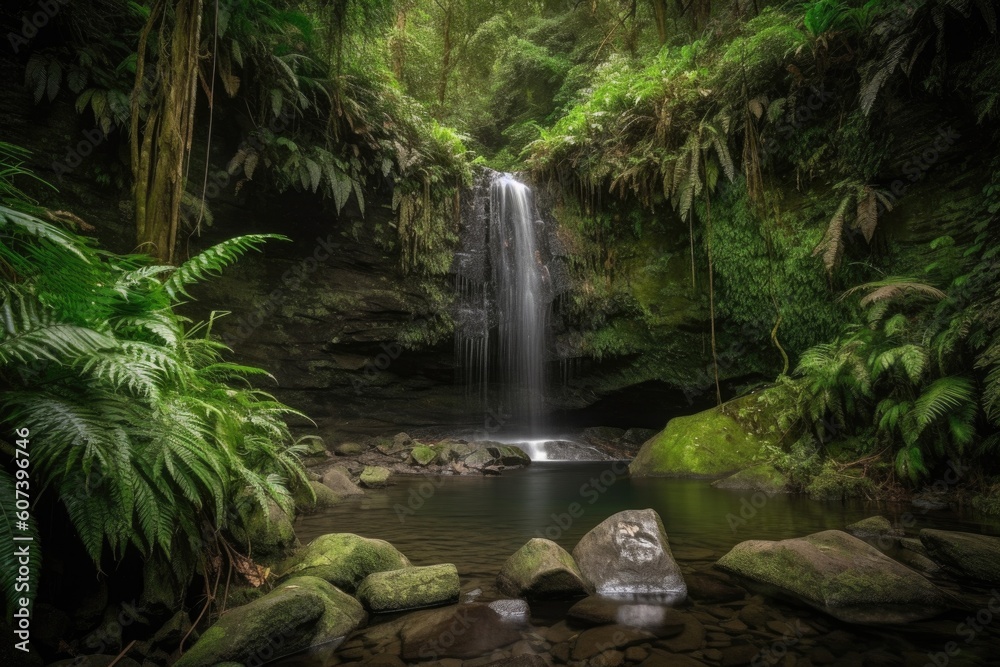 majestic waterfall surrounded by lush greenery and natural beauty, created with generative ai majestic waterfall surrounded by lush greenery and natural beauty, created with generative ai