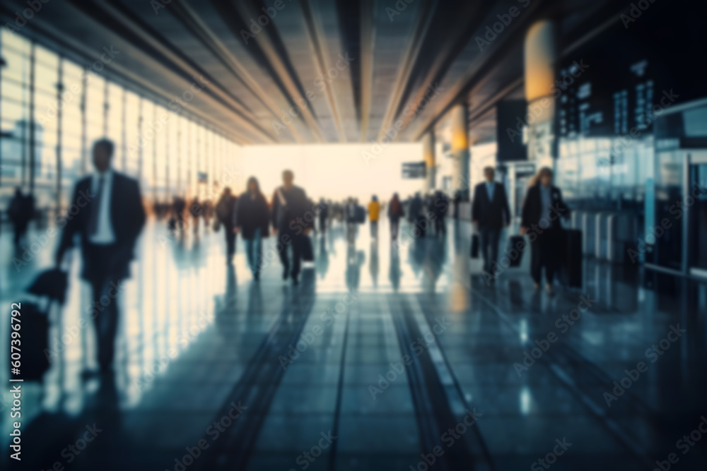 Blurred background with sitting people in business suits in a glass concrete skyscraper office. Generative AI.