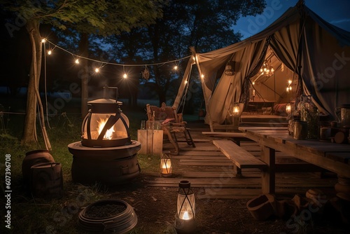 cozy campsite with lanterns and crackling fire for a warm and romantic evening  created with generative ai