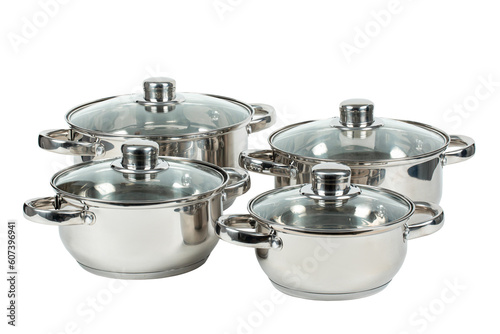 Set of for stainless steel cooking pot isolated over white background with clipping path. Full Depth of field. Focus stacking, front view. 