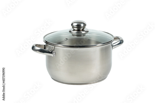 Closed stainless steel cooking pot isolated over white background with clipping path. Full Depth of field. Focus stacking, front view. PNG