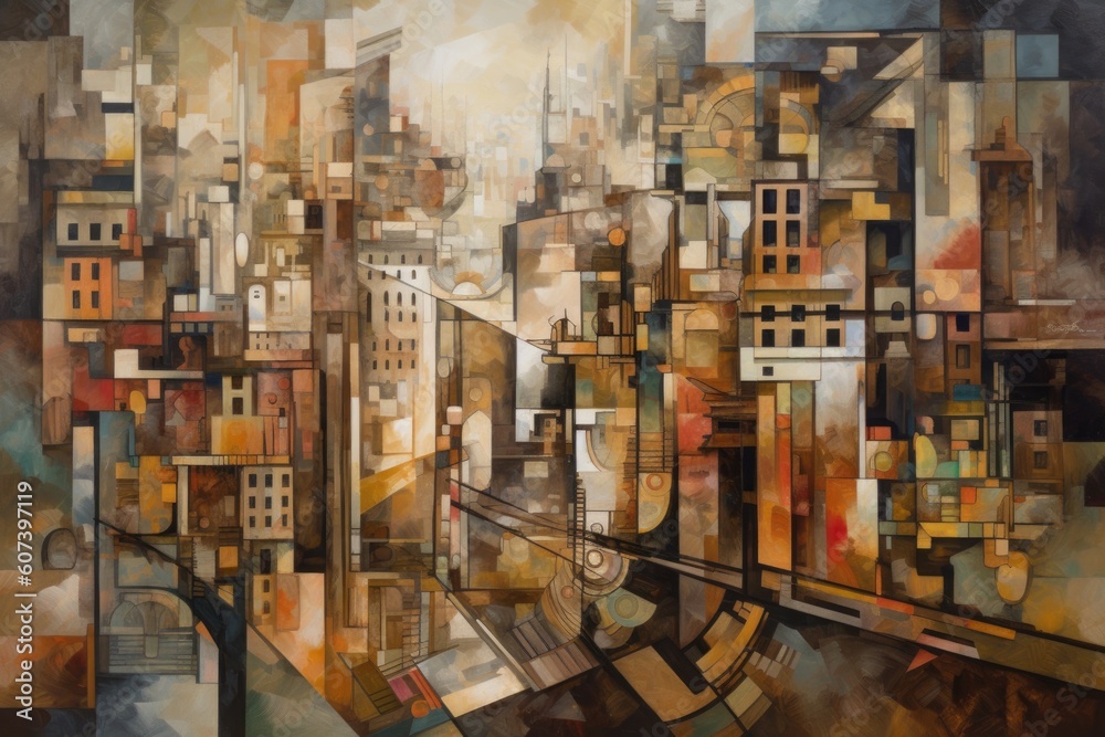 cubist painting of a cityscape, with blurred skyscrapers and busy streets, created with generative ai