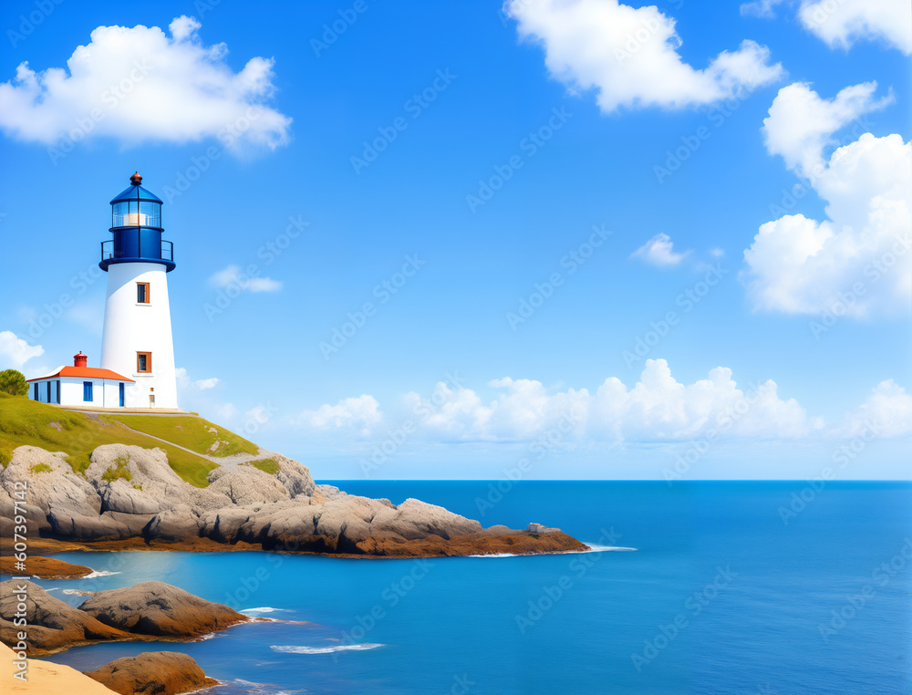 View of a lighthouse standing at the rocky coast, generative ai View of a lighthouse standing at the rocky coast, generative ai