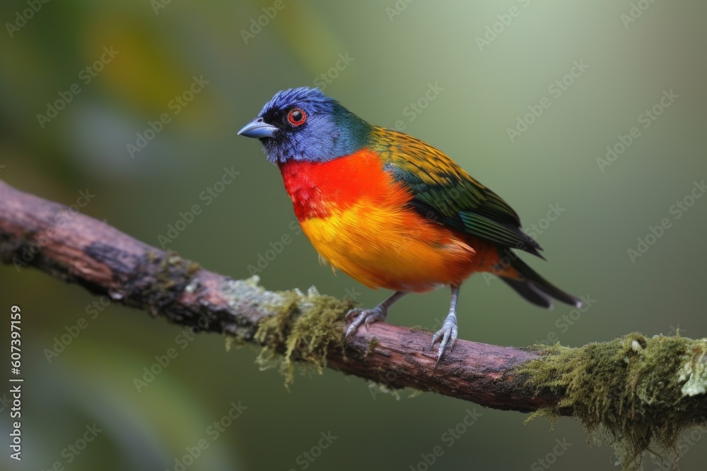colorful bird perched on tree branch, with view of forest canopy, created with generative ai