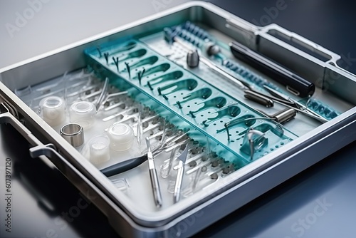 surgical tray with instruments arranged in precise order for sterilization, created with generative ai