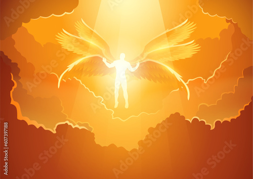 Fantasy art illustration of bright light Archangel with six wings in the open sky